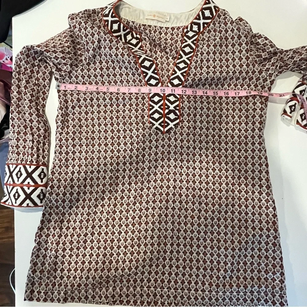 Tory Burch VGUC Printed Cotton Tunic Brown Ivory Size 10 Boho Resort